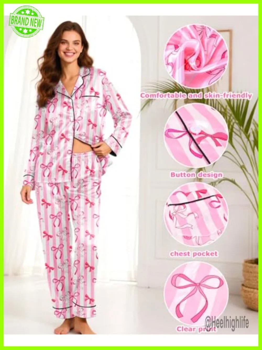 Silky Satin Pajama Set 2 Piece Long Sleeve Button Up Ladies Sleepwear Lounge